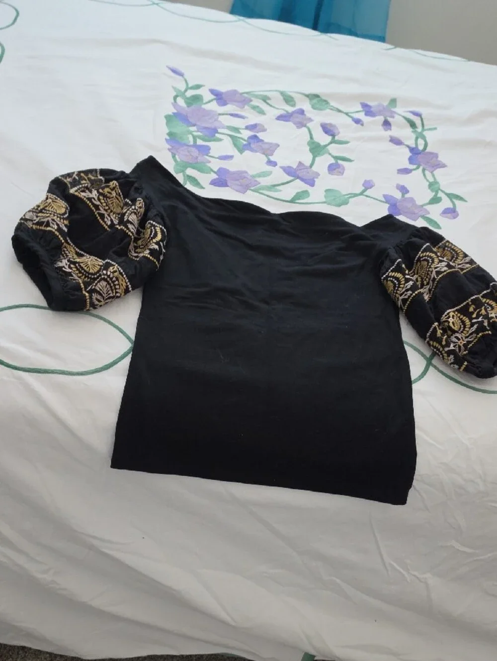 Free People Black Off-Shoulder Tunic with Gold Embroidered Puff Sleeves